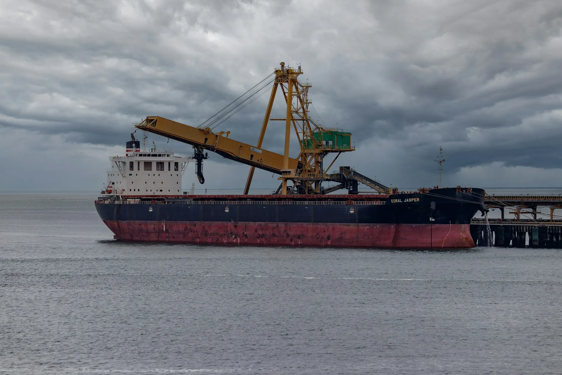 A dry bulk carrier alongside a loading terminal